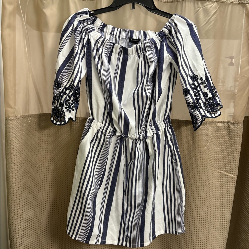 Striped Off-Shoulder Dress with Embroidered Sleeves